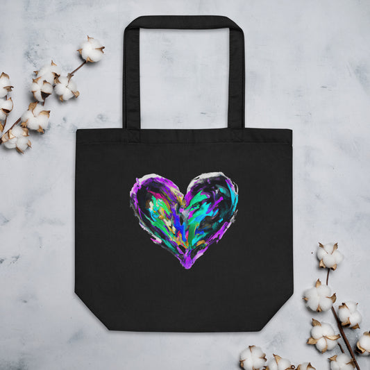 Black Eco Tote Bag with a painted colorful heart
