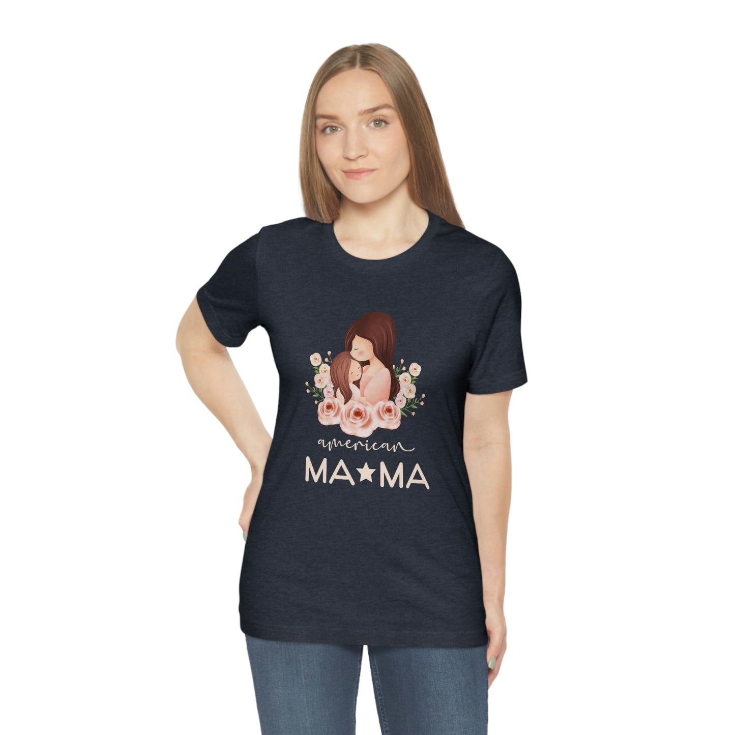 Get ready to make a statement with our American Mom heather navy jersey short sleeve t-shirt. A perfect Mother's Day gift for any mom. Celebrate her with this unique and stylish t-shirt.
