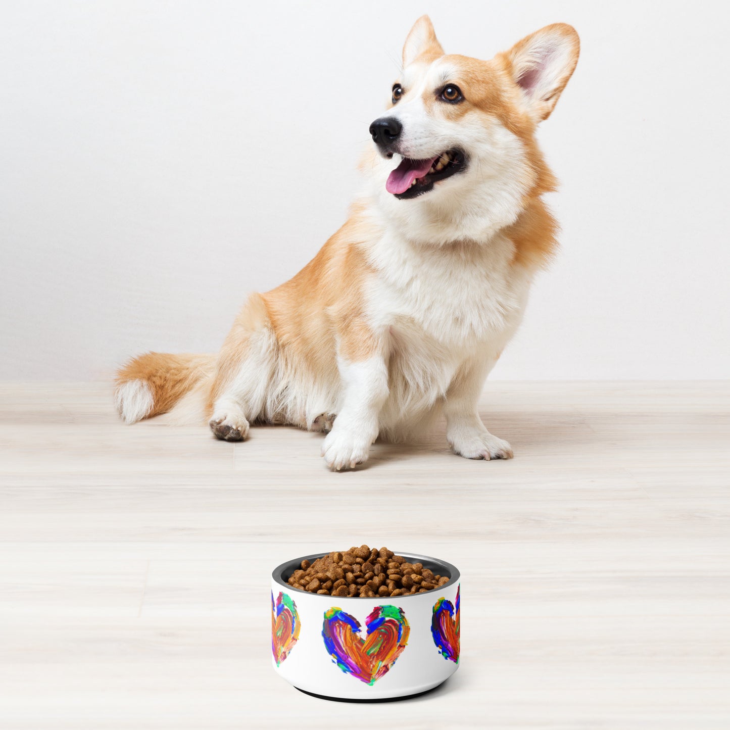 pet bowl figuring several painted coloured hearts on a white background 