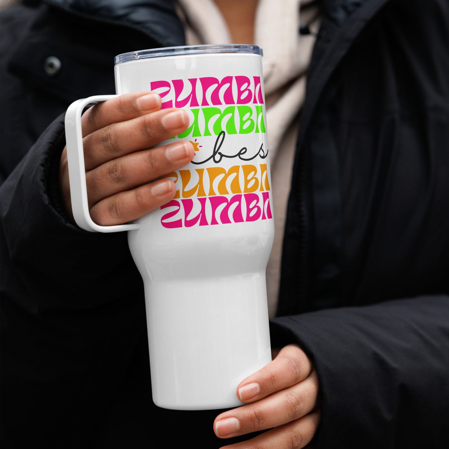 Travel Mug for Zumba Lovers, neon colors on white mug