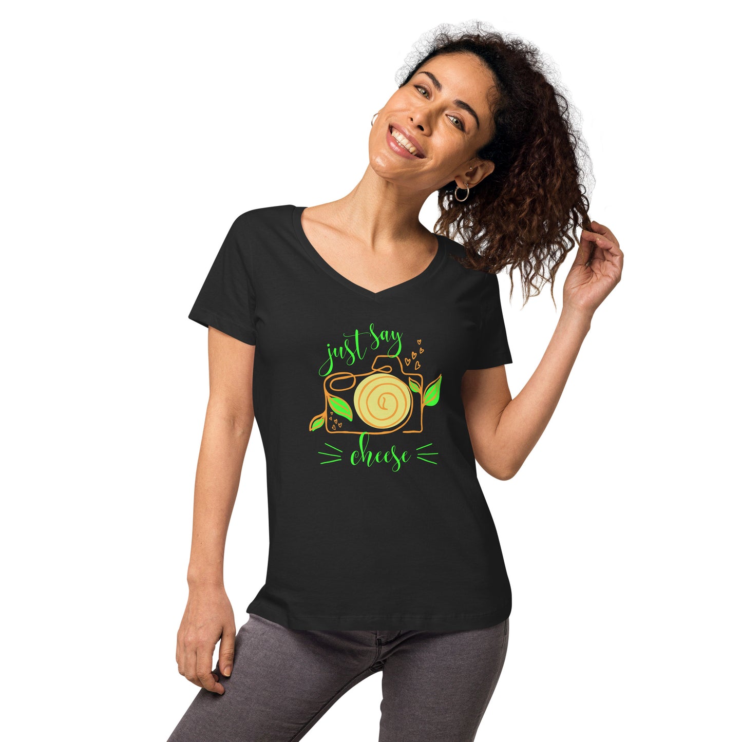 Custom made hobby photographer  V-Neck T-Shirt "Just say Cheese" in black
