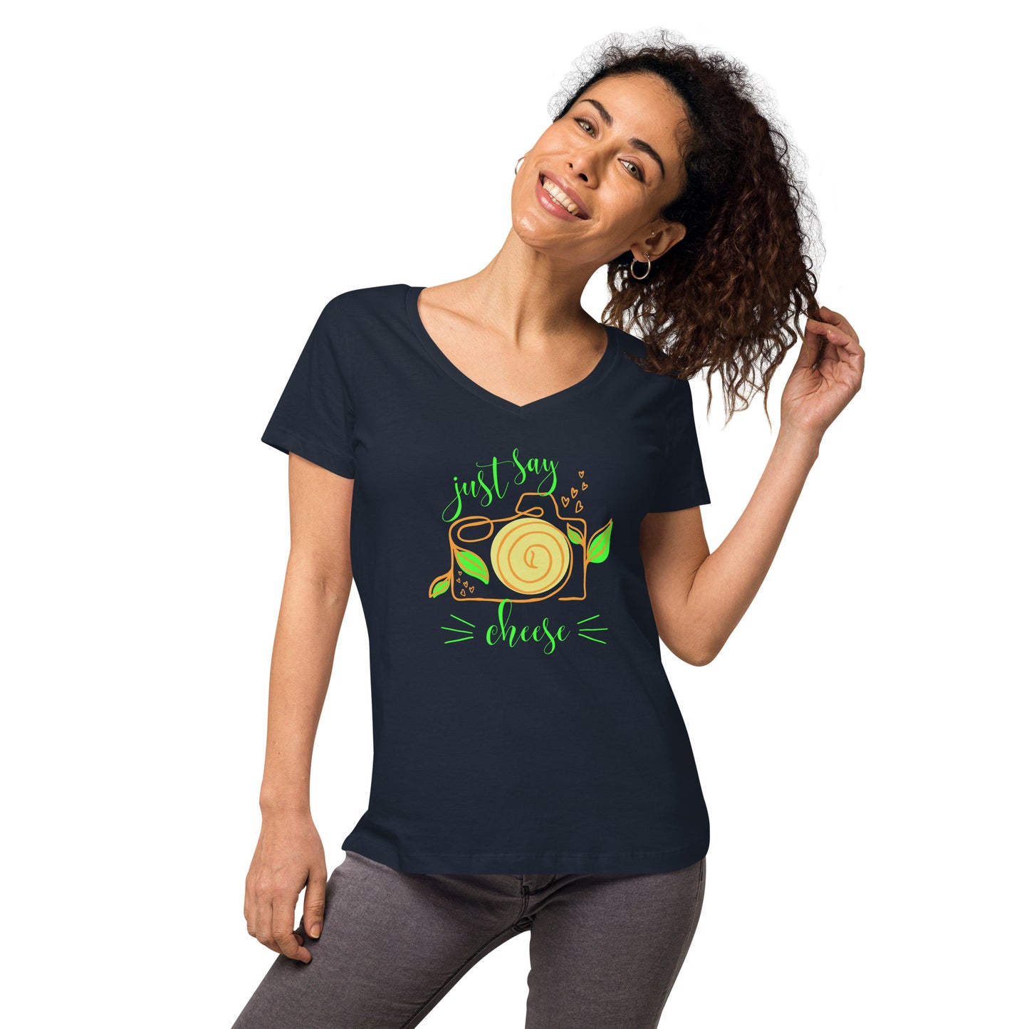 Custom made hobby photographer  V-Neck T-Shirt "Just say Cheese" in navy