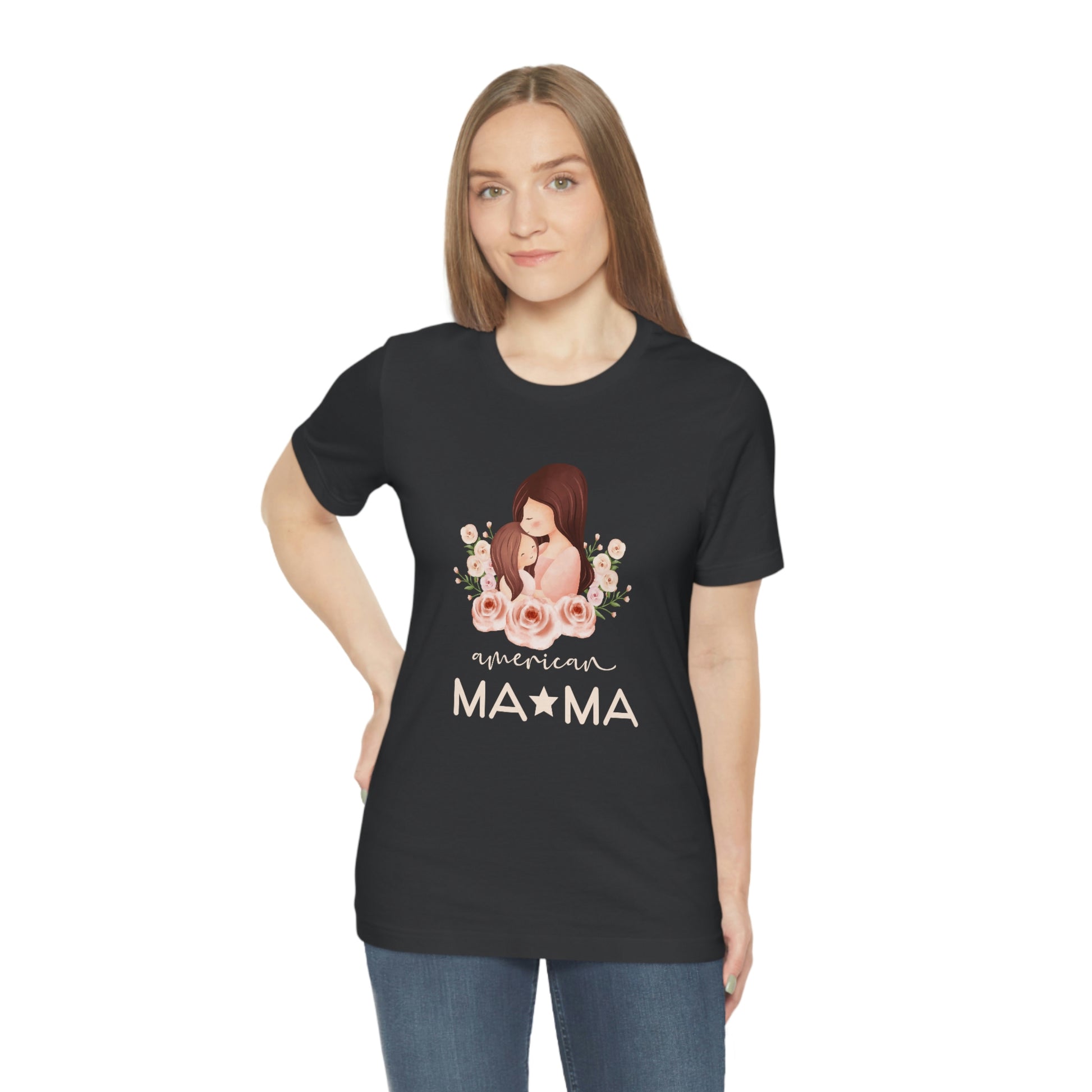 Get ready to make a statement with our American Mom dark grey jersey short sleeve t-shirt. A perfect Mother's Day gift for any mom. Celebrate her with this unique and stylish t-shirt.