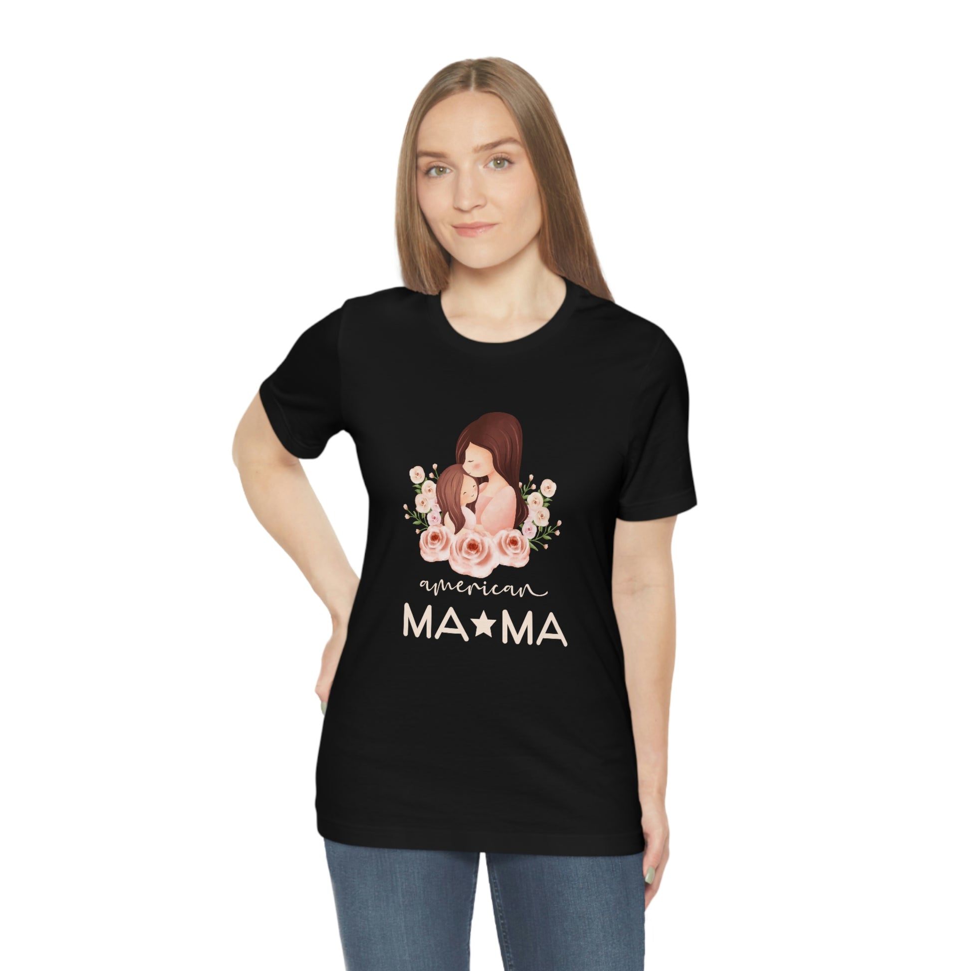Get ready to make a statement with our American Mom black jersey short sleeve t-shirt. A perfect Mother's Day gift for any mom. Celebrate her with this unique and stylish t-shirt.