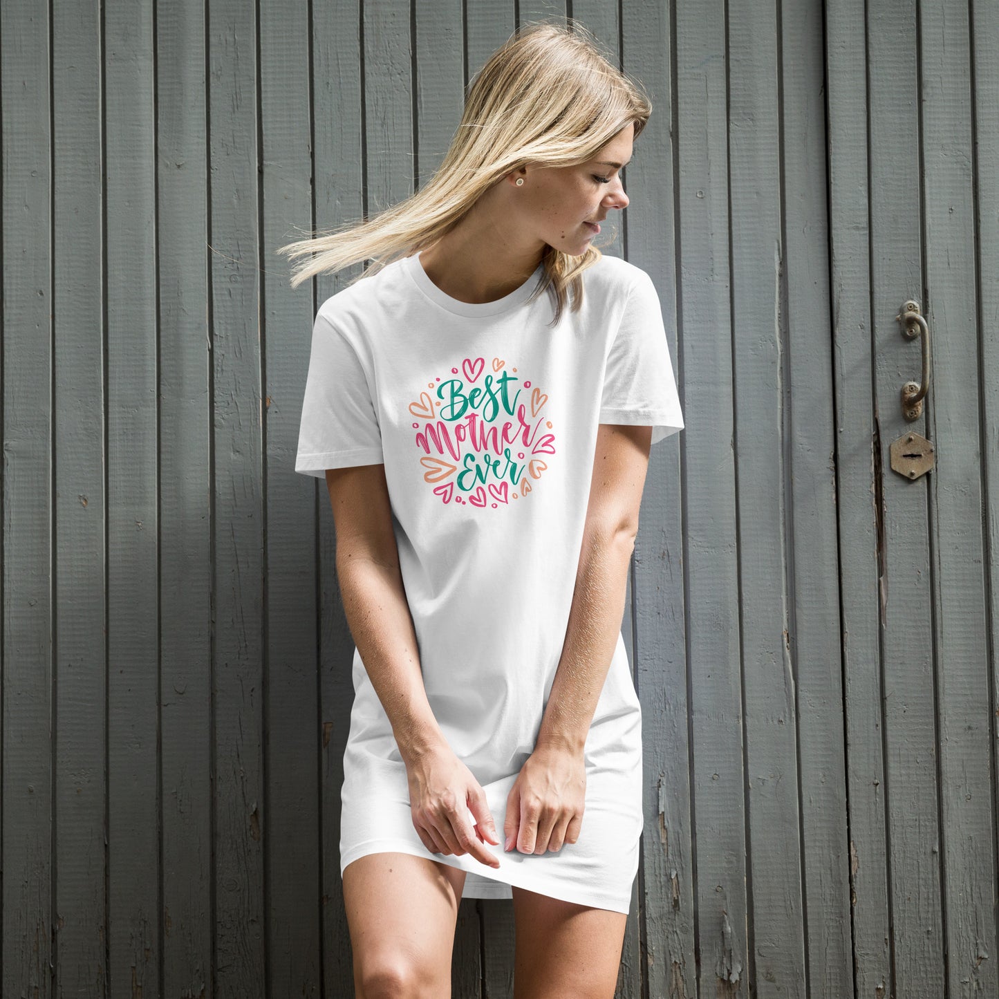 Fresh design for the best mother ever. Perfect Mothersday gift. 100% Organic cotton t-shirt dress in white with a colorful design.